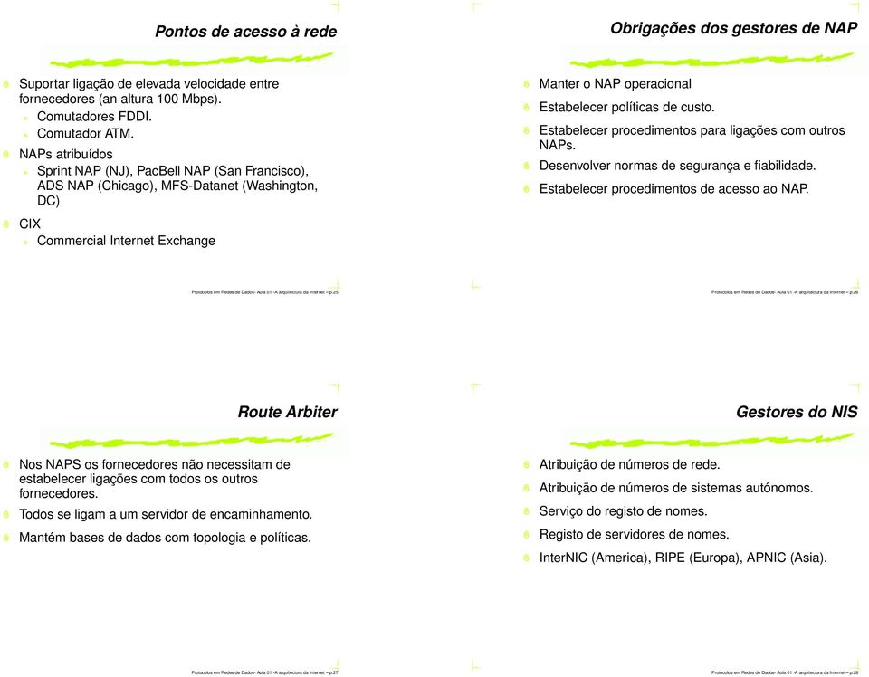 Estabelecer procedimentos para ligações com outros NAPs. Desenvolver normas de segurança e fiabilidade. Estabelecer procedimentos de acesso ao NAP.