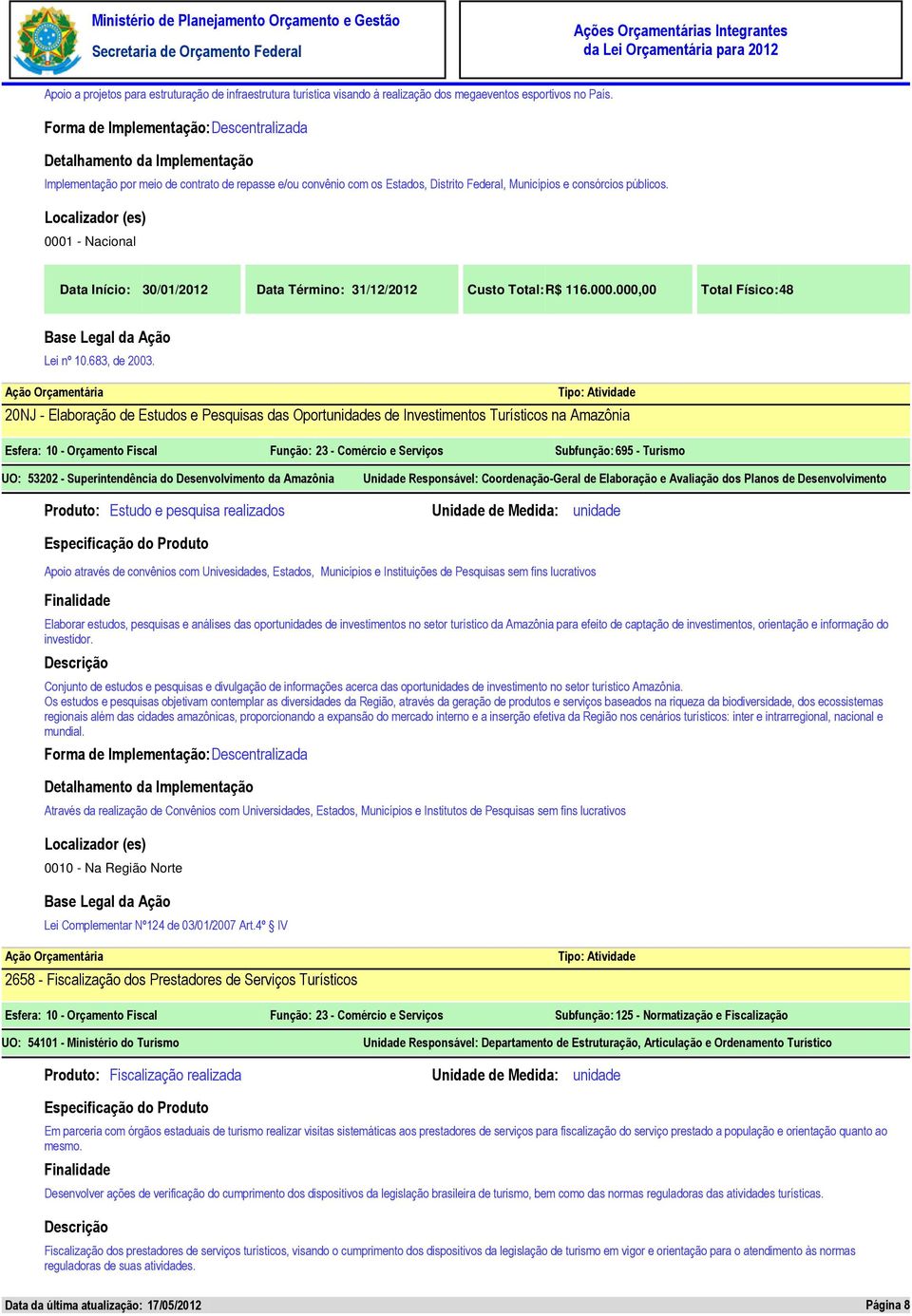 Data Início: 30/01/2012 Data Término: 31/12/2012 Custo Total: R$ 116.000.000,00 Total Físico: 48 Lei nº 10.683, de 2003.