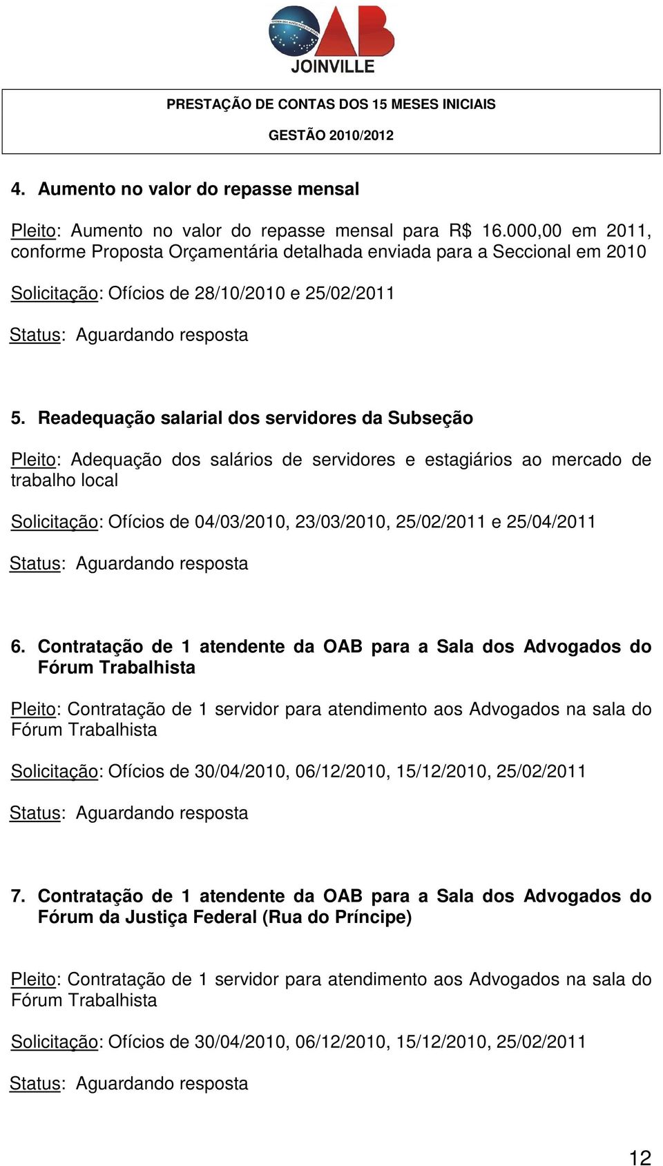 Readequação salarial dos servidores da Subseção Pleito: Adequação dos salários de servidores e estagiários ao mercado de trabalho local Solicitação: Ofícios de 04/03/2010, 23/03/2010, 25/02/2011 e