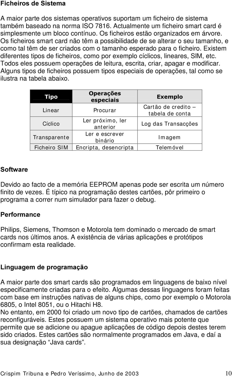 Existem diferentes tipos de ficheiros, como por exemplo cíclicos, lineares, SIM, etc. Todos eles possuem operações de leitura, escrita, criar, apagar e modificar.