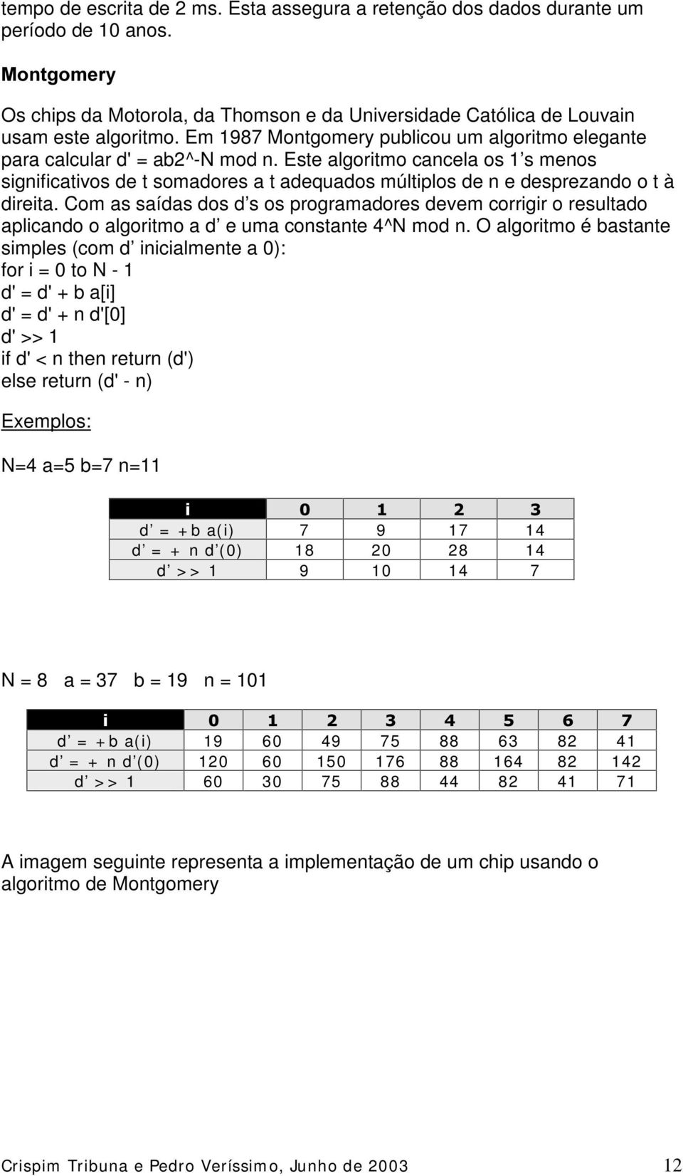 Este algoritmo cancela os 1 s menos significativos de t somadores a t adequados múltiplos de n e desprezando o t à direita.