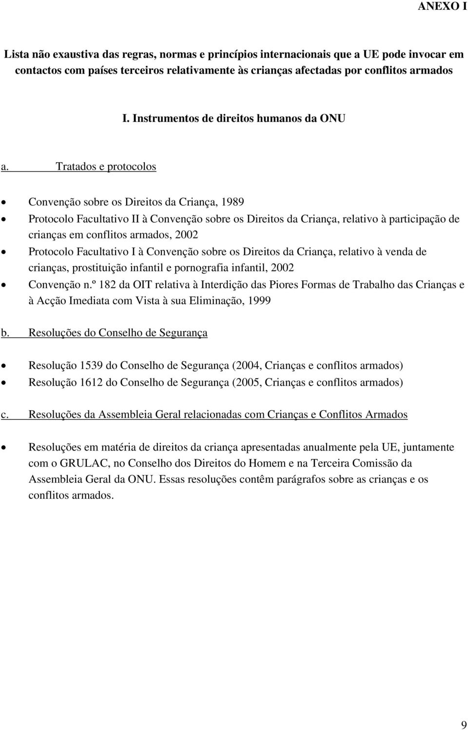 Tratados e protocolos Convenção sobre os Direitos da Criança, 1989 Protocolo Facultativo II à Convenção sobre os Direitos da Criança, relativo à participação de crianças em conflitos armados, 2002