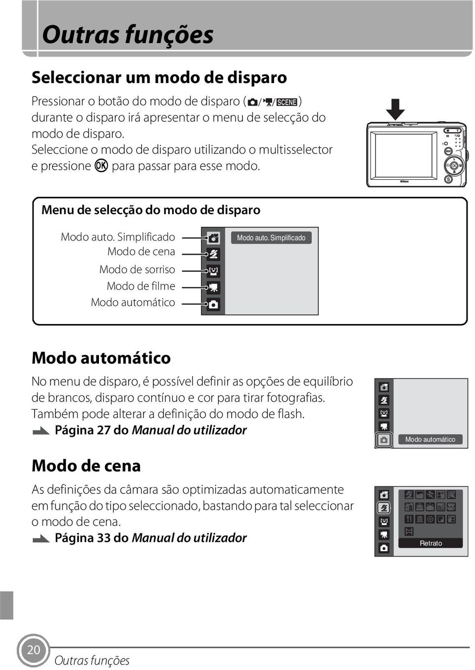 Simplificado Modo de cena Modo de sorriso Modo de filme Modo automático Modo auto.