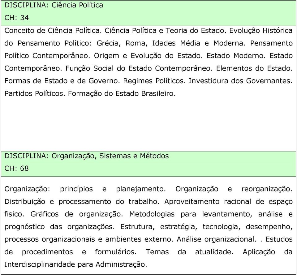 Regimes Políticos. Investidura dos Governantes. Partidos Políticos. Formação do Estado Brasileiro. DISCIPLINA: Organização, Sistemas e Métodos Organização: princípios e planejamento.