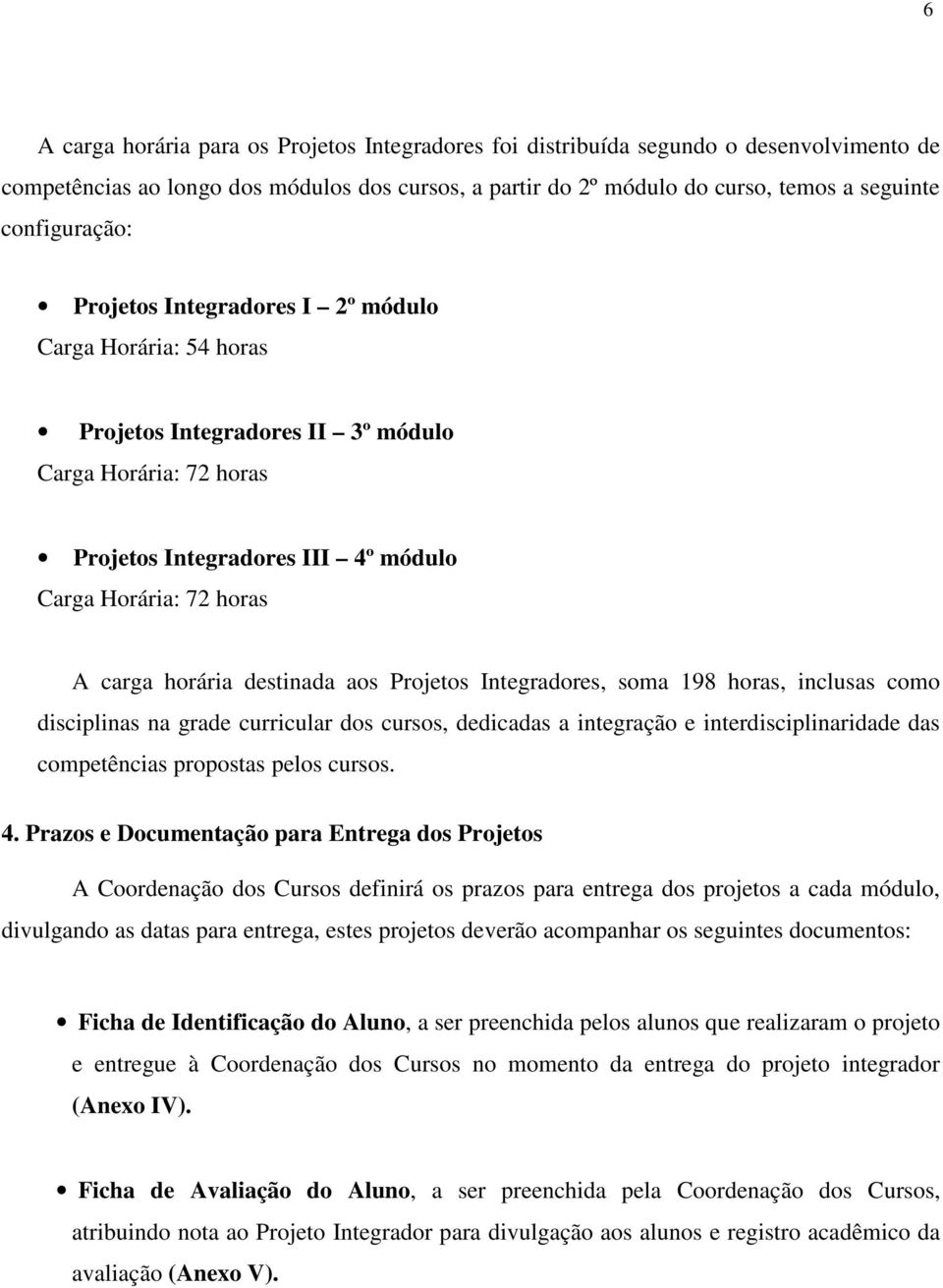 horária destinada aos Projetos Integradores, soma 198 horas, inclusas como disciplinas na grade curricular dos cursos, dedicadas a integração e interdisciplinaridade das competências propostas pelos