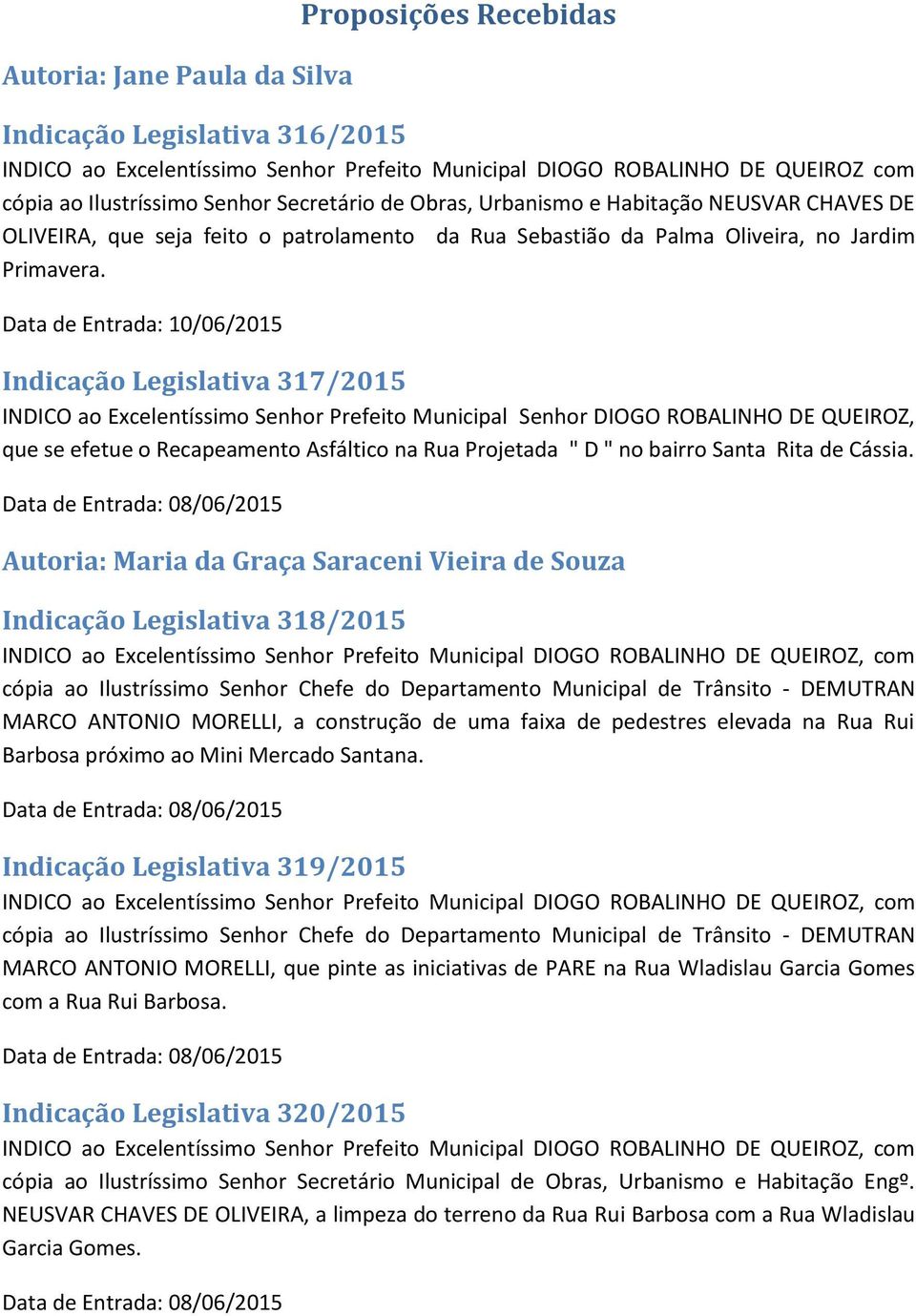 Data de Entrada: 10/06/2015 Indicação Legislativa 317/2015 INDICO ao Excelentíssimo Senhor Prefeito Municipal Senhor DIOGO ROBALINHO DE QUEIROZ, que se efetue o Recapeamento Asfáltico na Rua