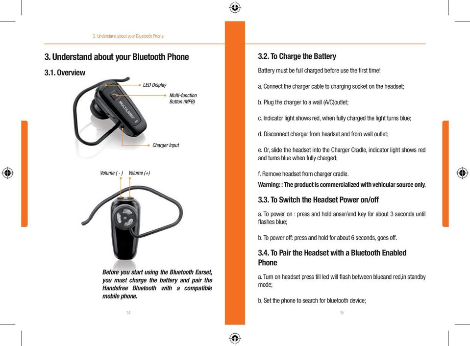 Or, slide the headset into the Charger Cradle, indicator light shows red and turns blue when fully charged; f. Remove headset from charger cradle.