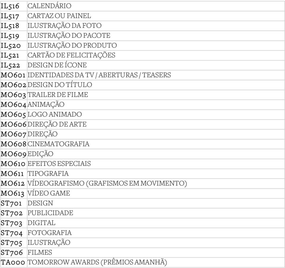 MO606 DIREÇÃO DE ARTE MO607 DIREÇÃO MO608 CINEMATOGRAFIA MO609 EDIÇÃO MO610 EFEITOS ESPECIAIS MO611 TIPOGRAFIA MO612 VÍDEOGRAFISMO (GRAFISMOS EM