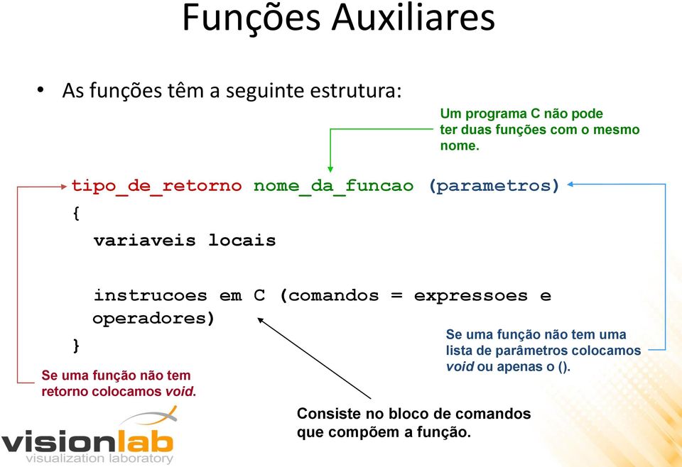 tipo_de_retorno nome_da_funcao (parametros) { variaveis locais } instrucoes em C (comandos =