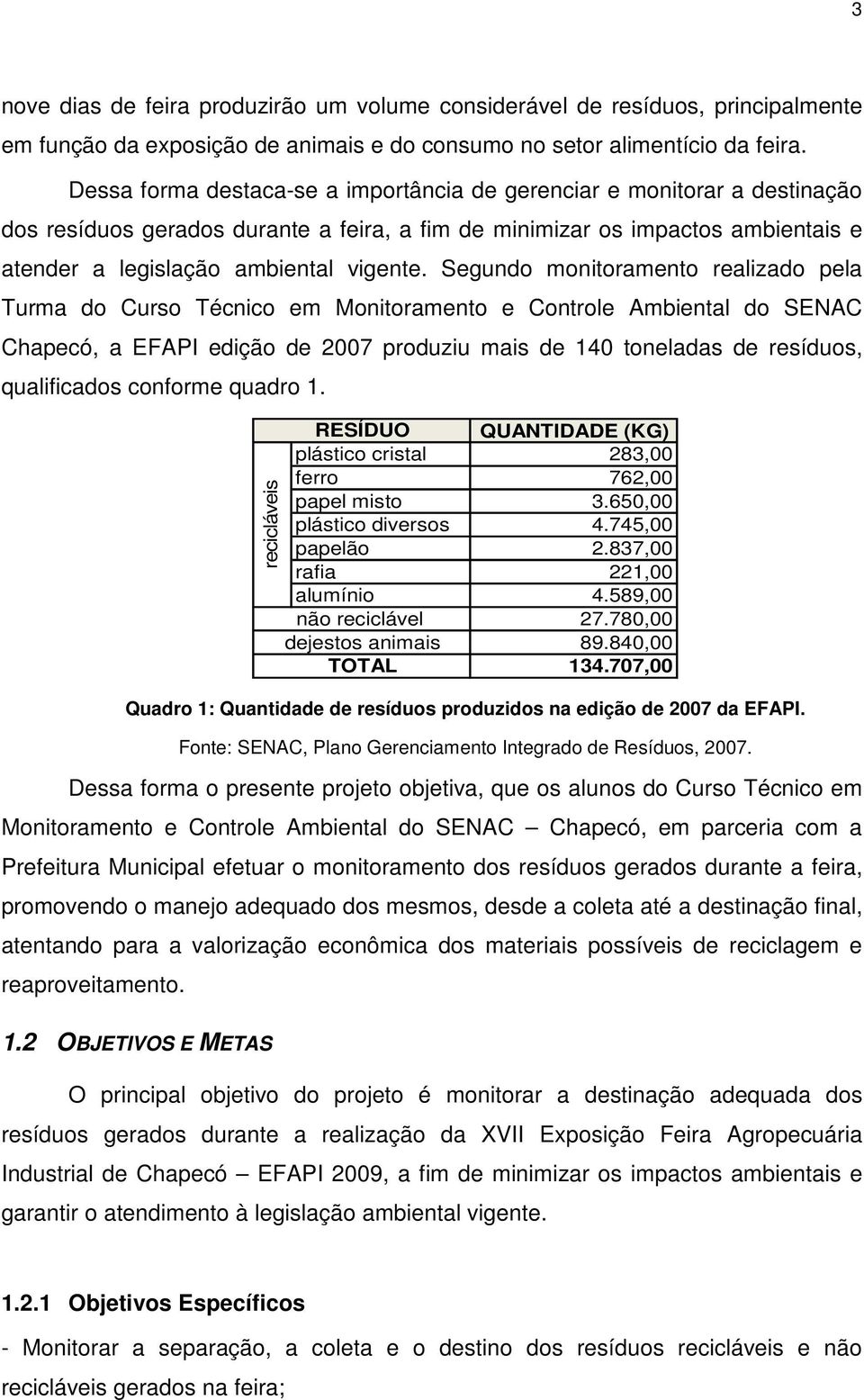 Segundo monitoramento realizado pela Turma do Curso Técnico em Monitoramento e Controle Ambiental do SENAC Chapecó, a EFAPI edição de 2007 produziu mais de 140 toneladas de resíduos, qualificados