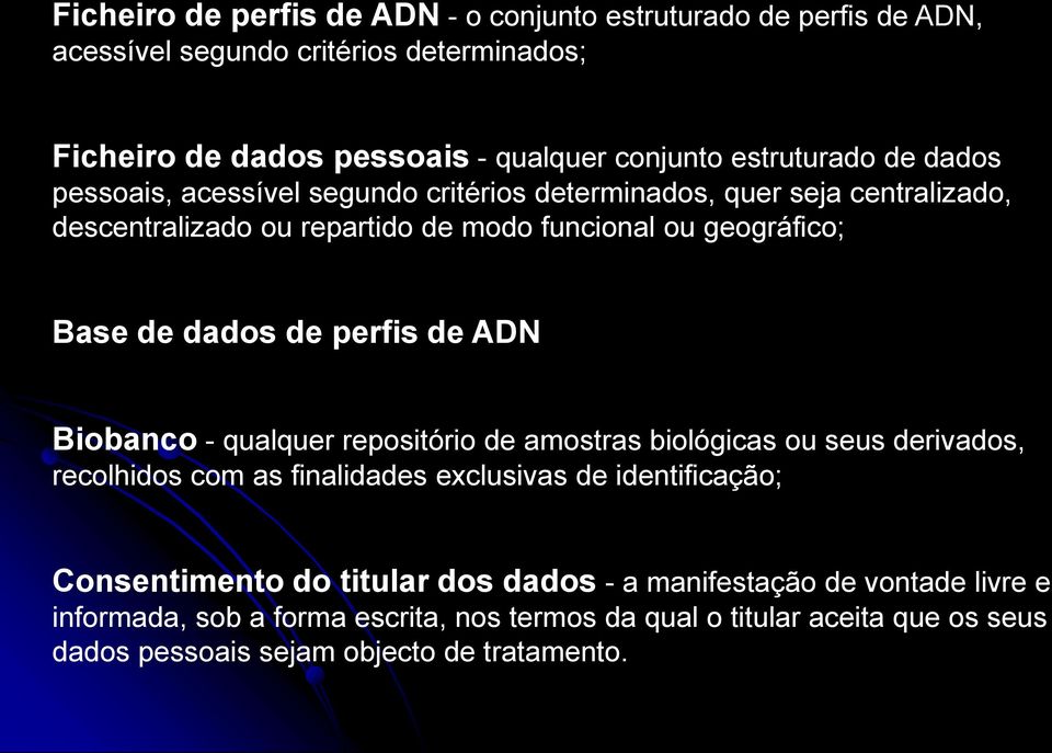 dados de perfis de ADN Biobanco - qualquer repositório de amostras biológicas ou seus derivados, recolhidos com as finalidades exclusivas de identificação;