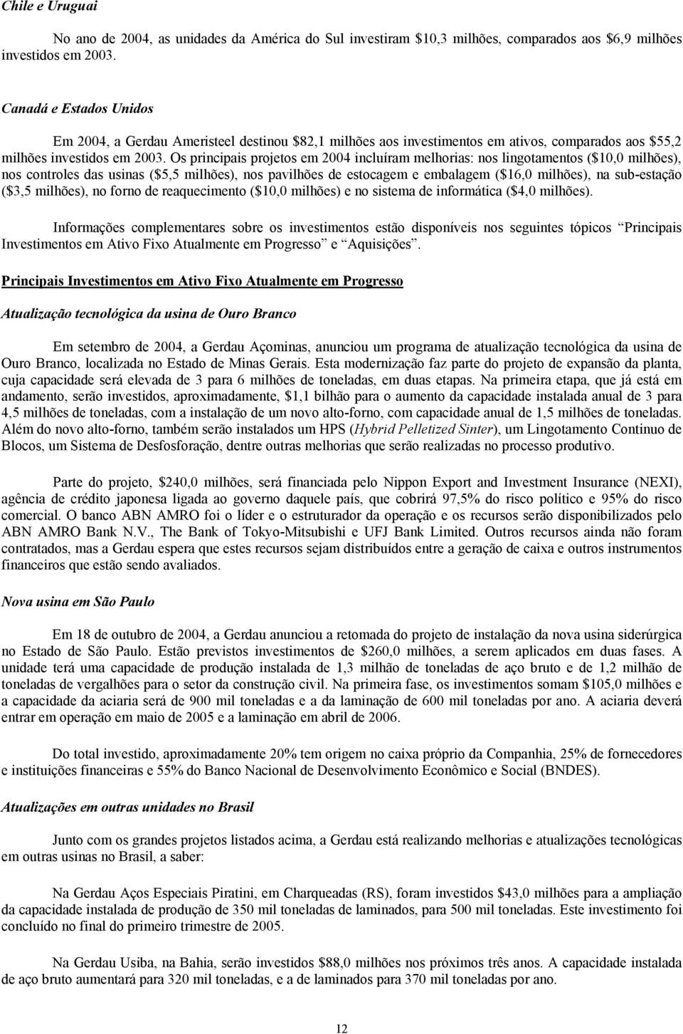 Os principais projetos em 2004 incluíram melhorias: nos lingotamentos ($10,0 milhões), nos controles das usinas ($5,5 milhões), nos pavilhões de estocagem e embalagem ($16,0 milhões), na sub-estação