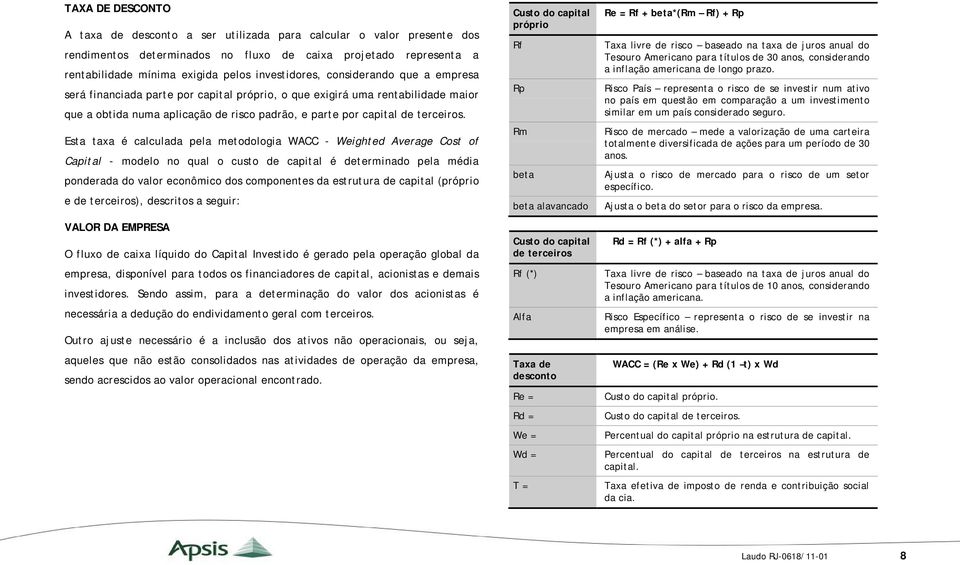 Esta taxa é calculada pela metodologia WACC - Weighted Average Cost of Capital - modelo no qual o custo de capital é determinado pela média ponderada do valor econômico dos componentes da estrutura