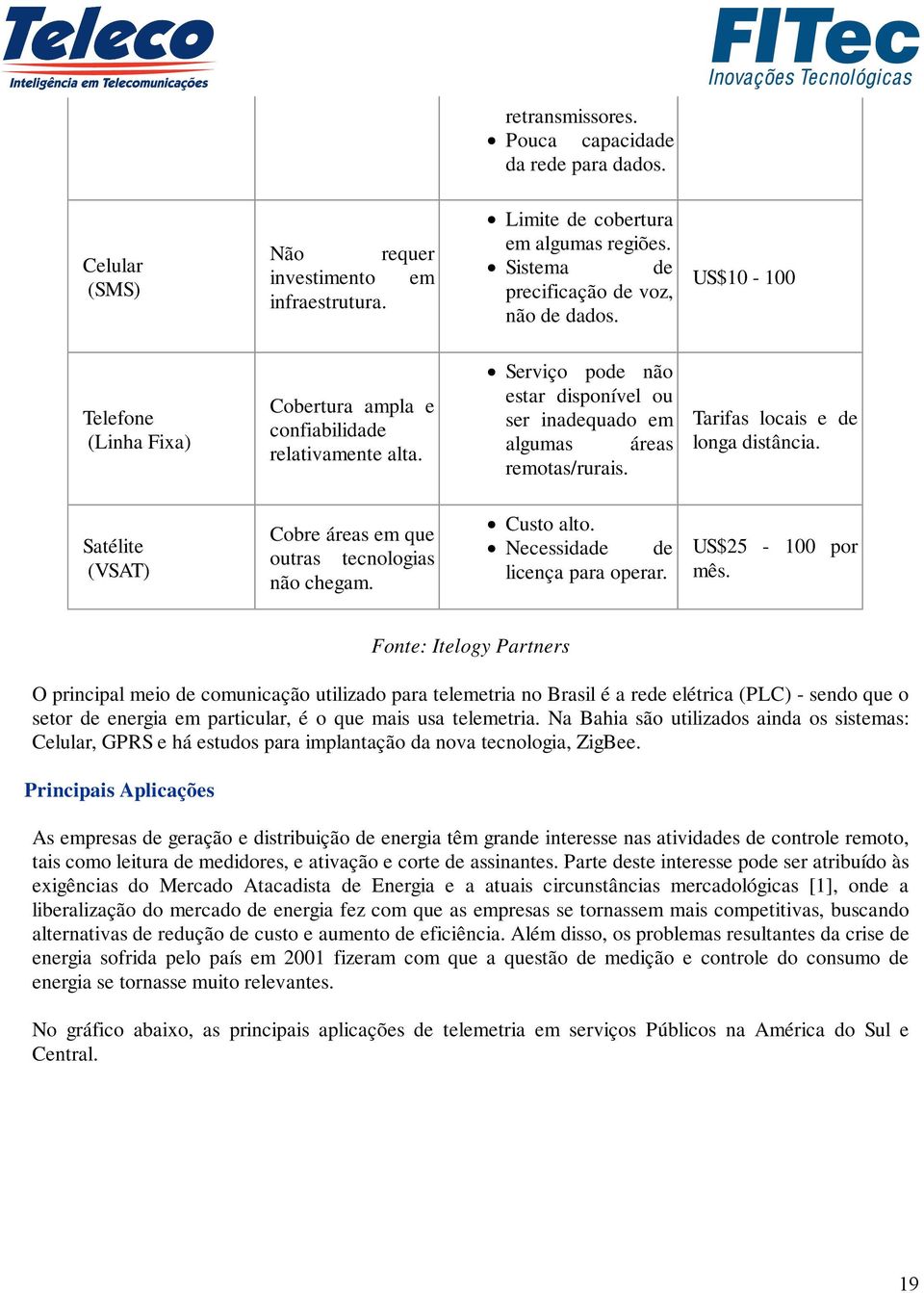 Tarifas locais e de longa distância. Satélite (VSAT) Cobre áreas em que outras tecnologias não chegam. Custo alto. Necessidade de licença para operar. US$25-100 por mês.