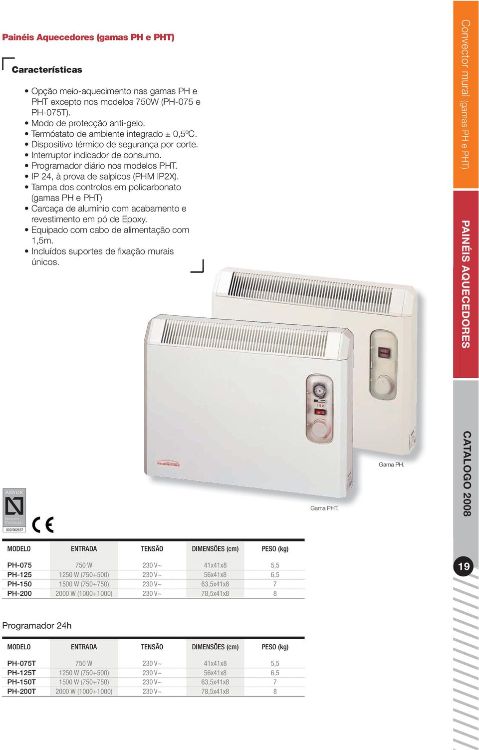 002/002637 MODELO ENTRADA TENSÃO DIMENSÕES (cm) PESO (kg) PH-075 750 W 230 V~ 41x41x8 5,5 PH-125 1250 W (750+500) 230 V~ 56x41x8 6,5 PH-150 1500 W