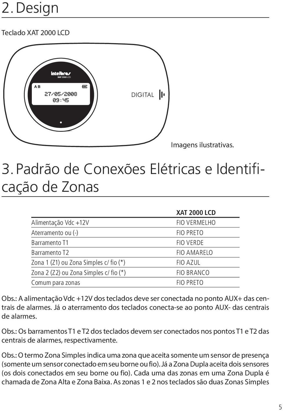 Comum para zonas XAT 2000 LCD FIO VERMELHO FIO PRETO FIO VERDE FIO AMARELO FIO AZUL FIO BRANCO FIO PRETO Obs.