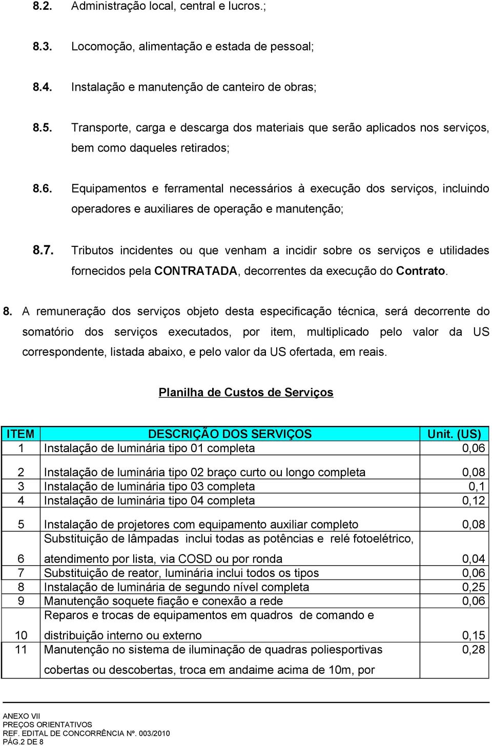 Equipamentos e ferramental necessários à execução dos serviços, incluindo operadores e auxiliares de operação e manutenção; 8.7.