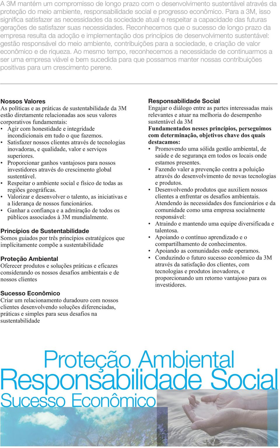 Reconhecemos que o sucesso de longo prazo da empresa resulta da adoção e implementação dos princípios de desenvolvimento sustentável: gestão responsável do meio ambiente, contribuições para a