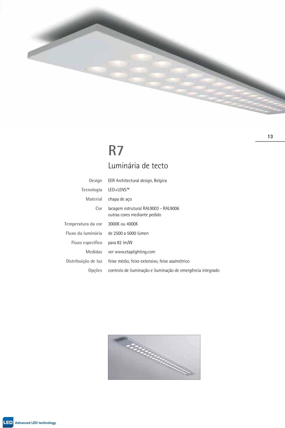 RAL9003 - RAL9006 outras cores mediante pedido 3000K ou 4000K de 2500 a 5000 lúmen para 82 lm/w ver www.