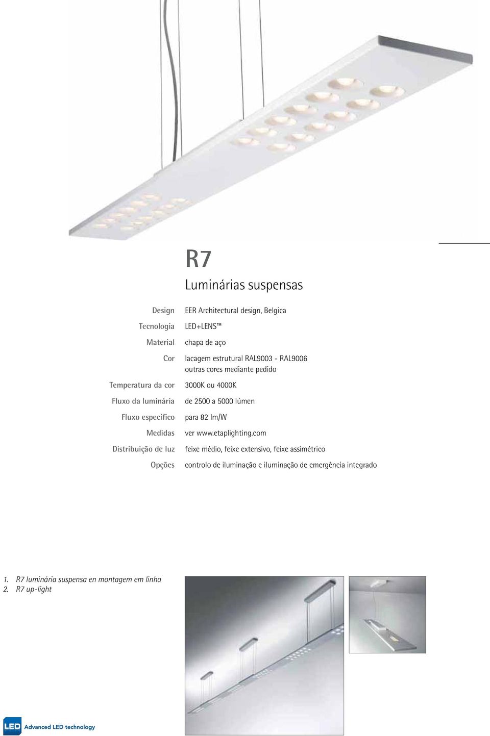 cores mediante pedido 3000K ou 4000K de 2500 a 5000 lúmen para 82 lm/w ver www.etaplighting.