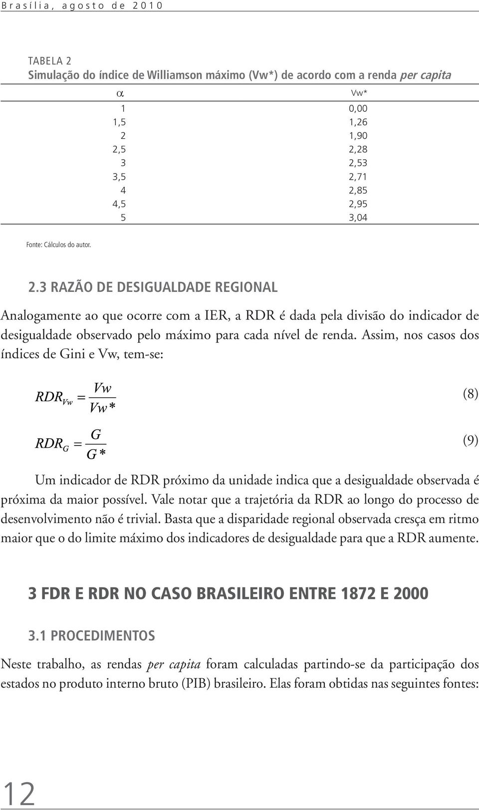 3 RAZÃO DE DESIGUALDADE REGIONAL Analogamente ao que ocorre com a IER, a RDR é dada pela divisão do indicador de desigualdade observado pelo máximo para cada nível de renda.