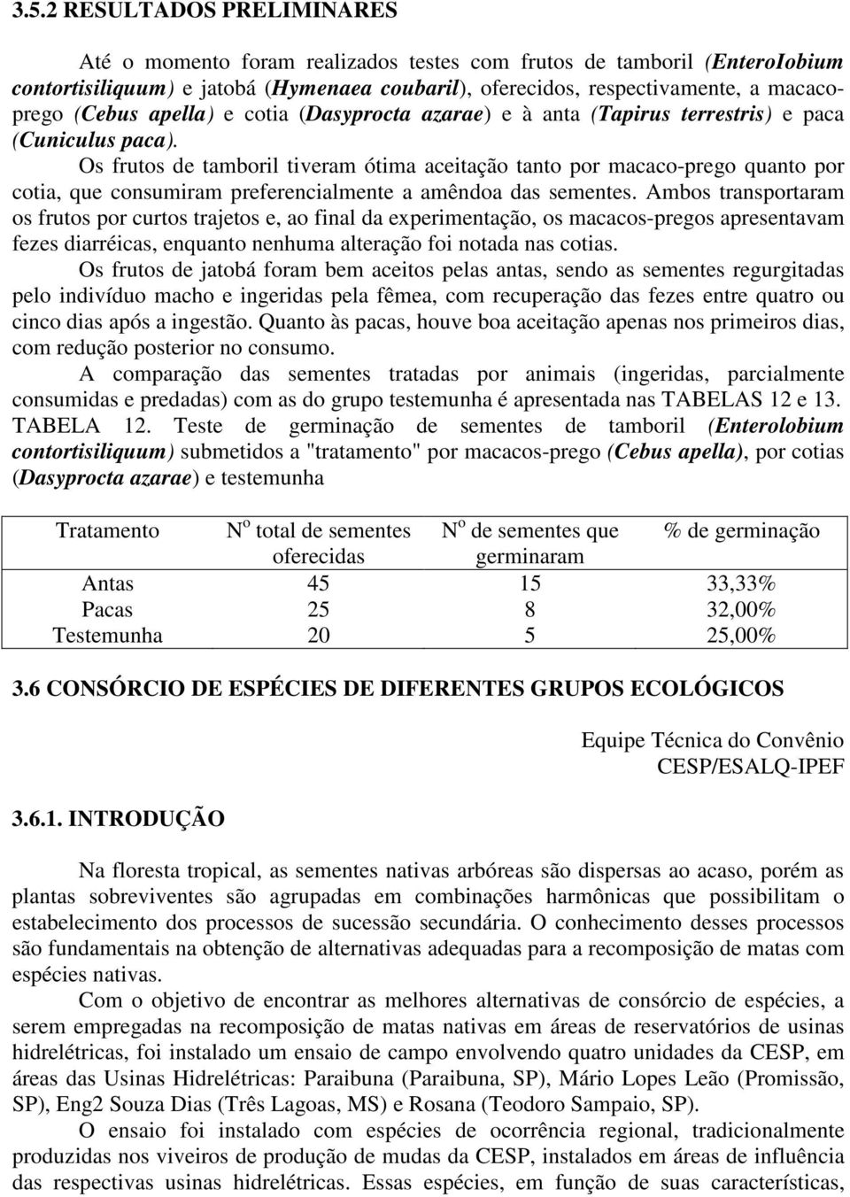 Os frutos de tamboril tiveram ótima aceitação tanto por macaco-prego quanto por cotia, que consumiram preferencialmente a amêndoa das sementes.