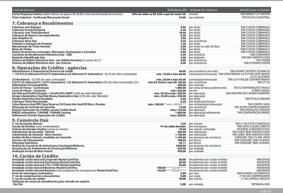 Cobrança e Recebimentos Cobrança sem Registro 6,00 por título TAR CUSTAS COBRANÇA Cobrança Escritural/Direta 5,40 por título TAR CUSTAS COBRANÇA Cobrança com Título/Borderô 10,00 por título TAR