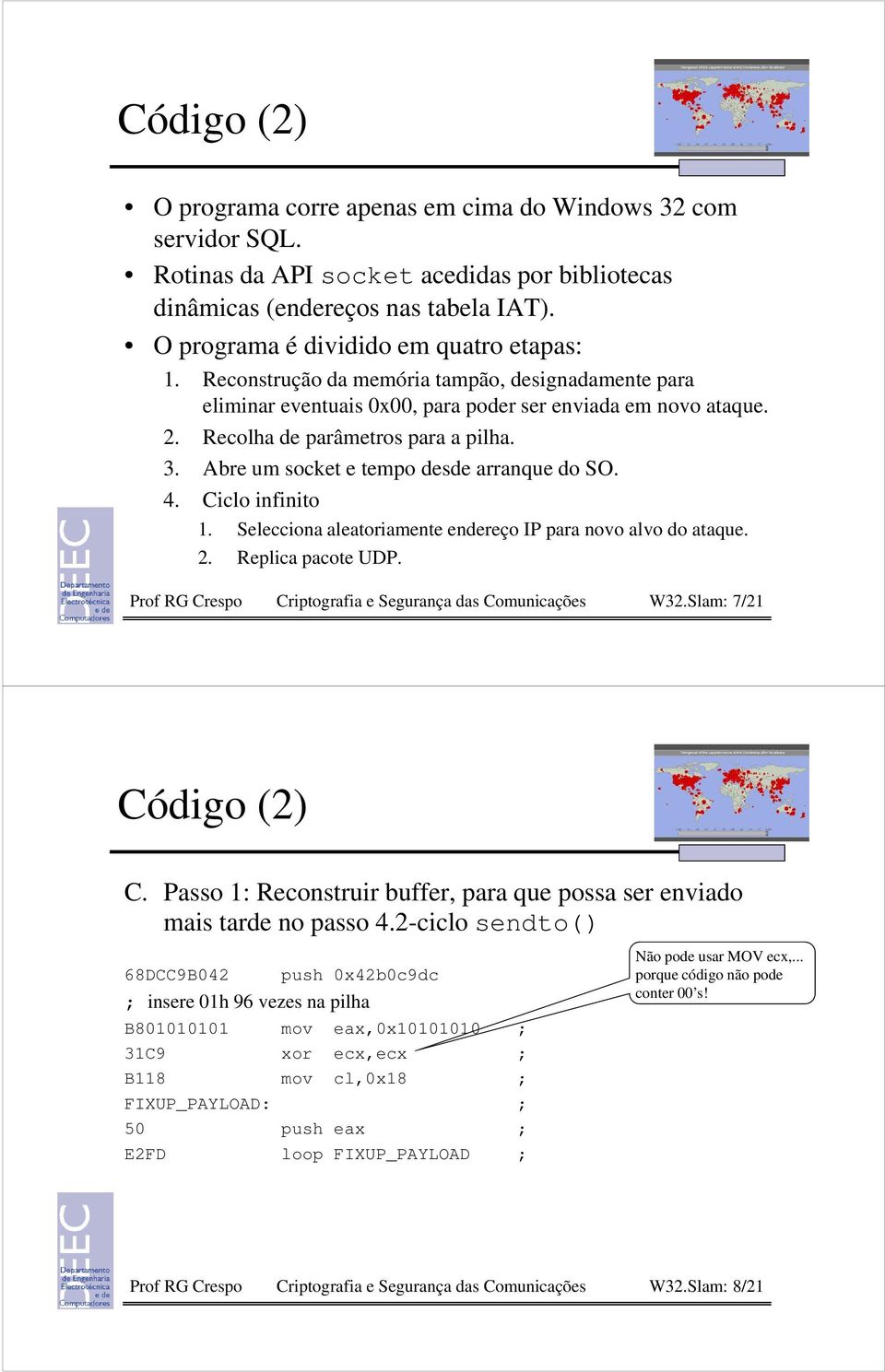 Abre um socket e tempo desde arranque do SO. 4. Ciclo infinito 1. Selecciona aleatoriamente endereço IP para novo alvo do ataque. 2. Replica pacote UDP. W32.Slam: 7/21 Código (2) C.