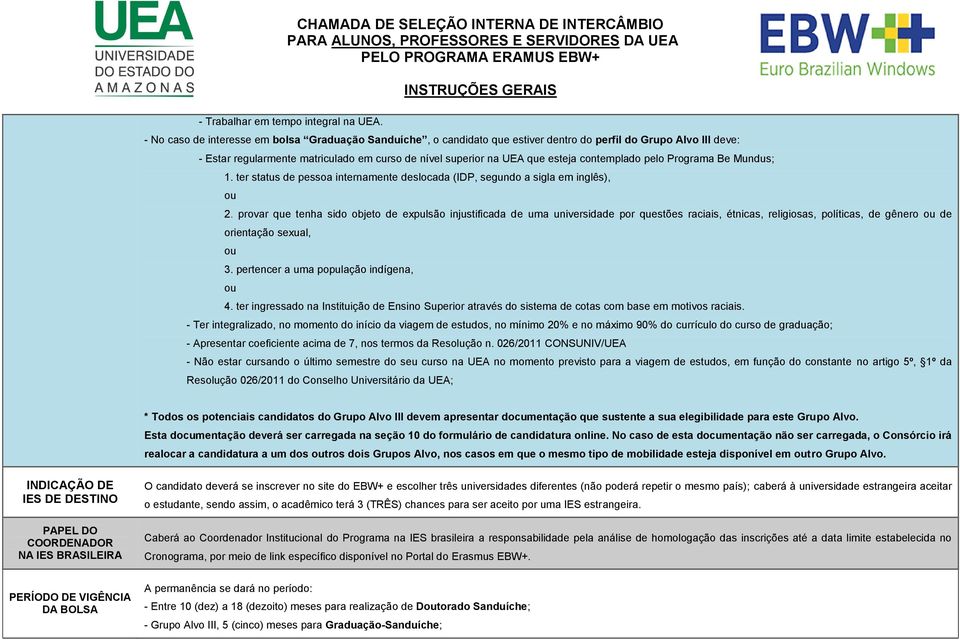 contemplado pelo Programa Be Mundus; 1. ter status de pessoa internamente deslocada (IDP, segundo a sigla em inglês), ou 2.