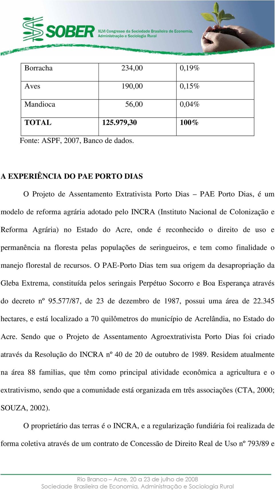 Agrária) no Estado do Acre, onde é reconhecido o direito de uso e permanência na floresta pelas populações de seringueiros, e tem como finalidade o manejo florestal de recursos.