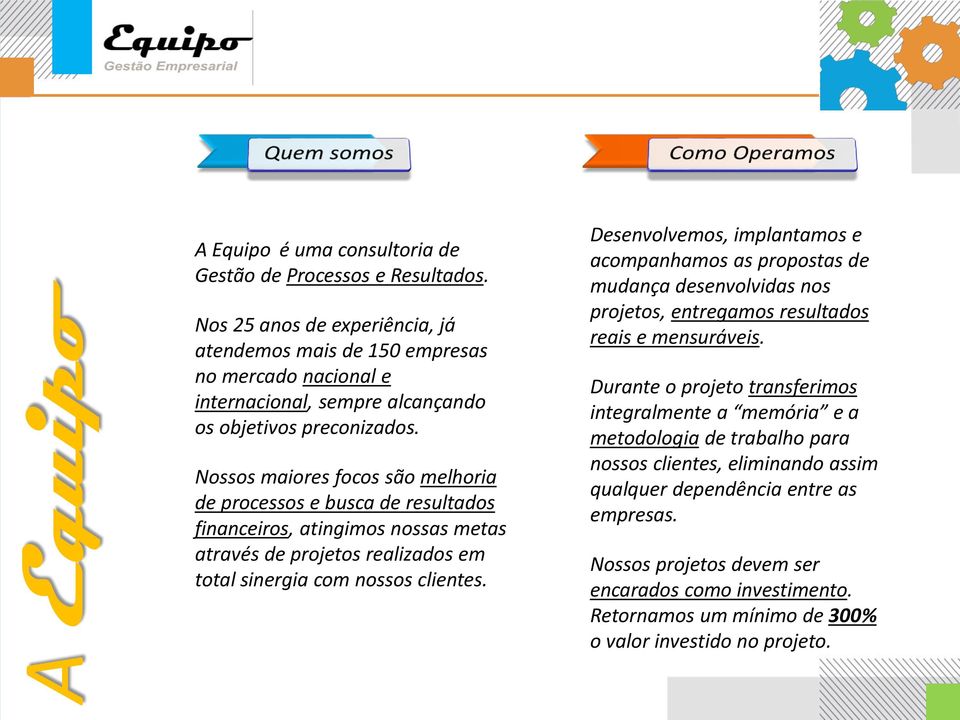 Nossos maiores focos são melhoria de processos e busca de resultados financeiros, atingimos nossas metas através de projetos realizados em total sinergia com nossos clientes.