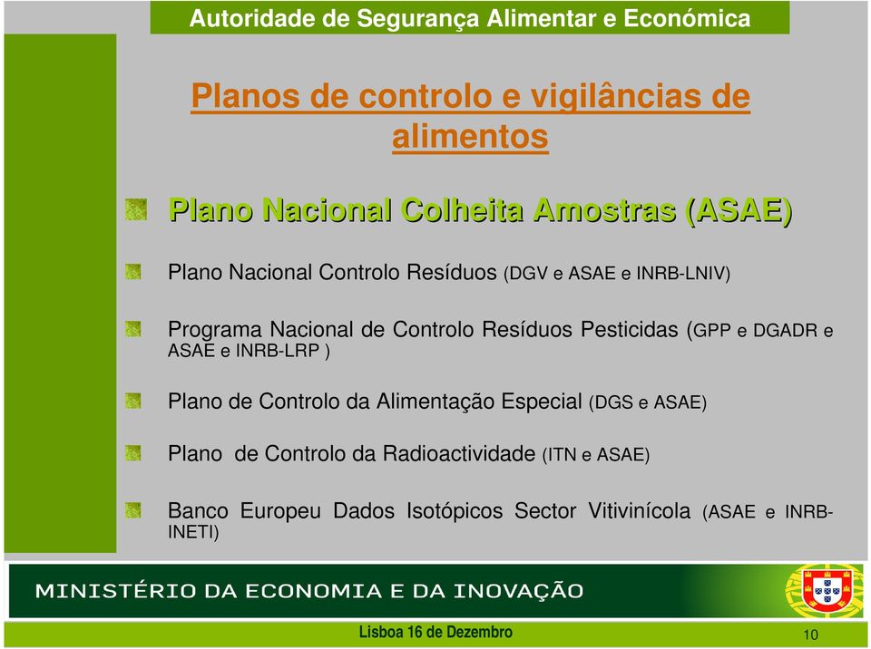 DGADR e ASAE e INRB-LRP ) Plano de Controlo da Alimentação Especial (DGS e ASAE) Plano de Controlo da