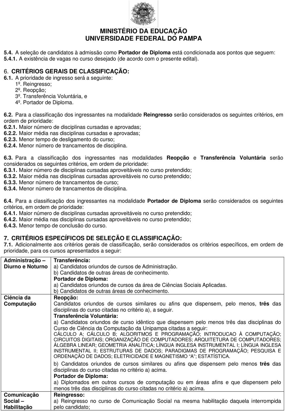 . Reopção; 3º. Transferência Voluntária, e 4º. Portador de Diploma. 6.2.