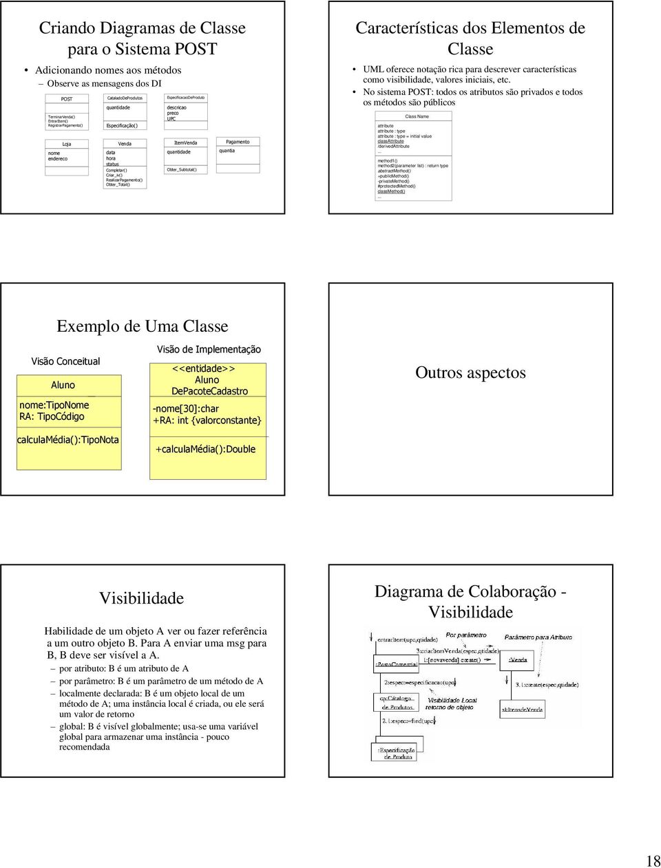 Características dos Elementos de Classe UML oferece notação rica para descrever características como visibilidade, valores iniciais, etc.