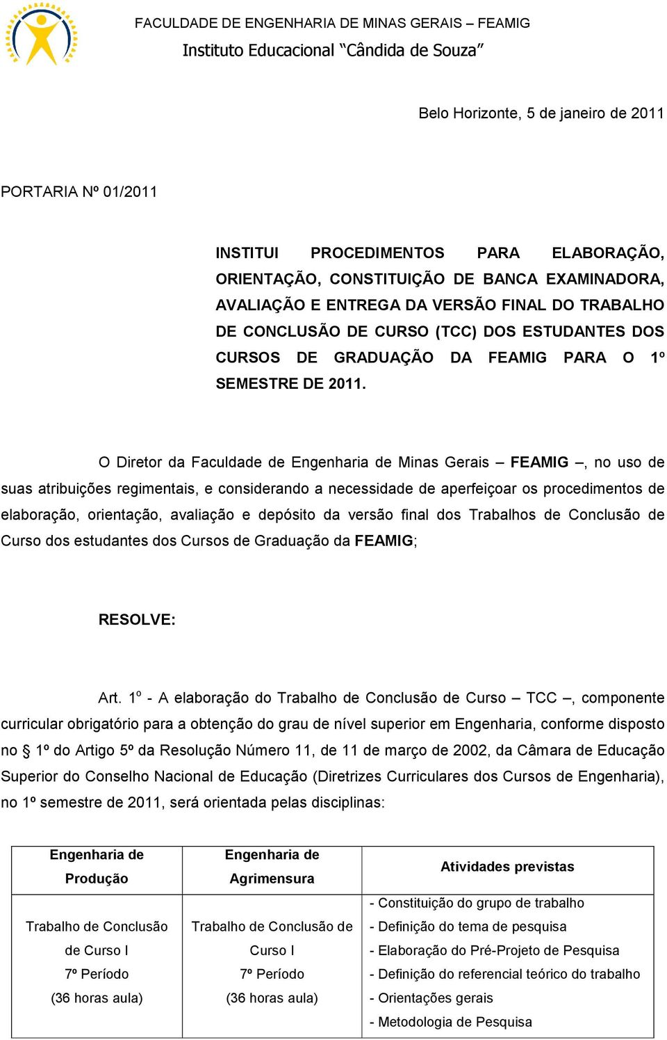 O Diretor da Faculdade de Engenharia de Minas Gerais FEAMIG, no uso de suas atribuições regimentais, e considerando a necessidade de aperfeiçoar os procedimentos de elaboração, orientação, avaliação