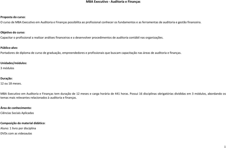 Público-alvo: Portadores de diploma de curso de graduação, empreendedores e profissionais que buscam capacitação nas áreas de auditoria e finanças. Unidades/módulos: 3 módulos Duração: 12 ou 18 meses.