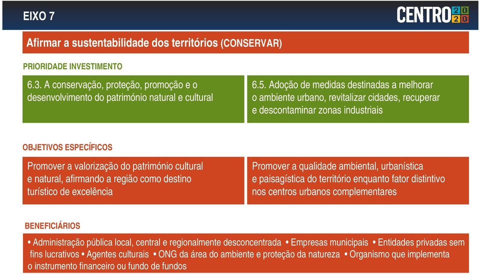 natural, afirmando a região como destino turístico de excelência Promover a qualidade ambiental, urbanística e paisagística do território enquanto fator distintivo nos centros urbanos complementares