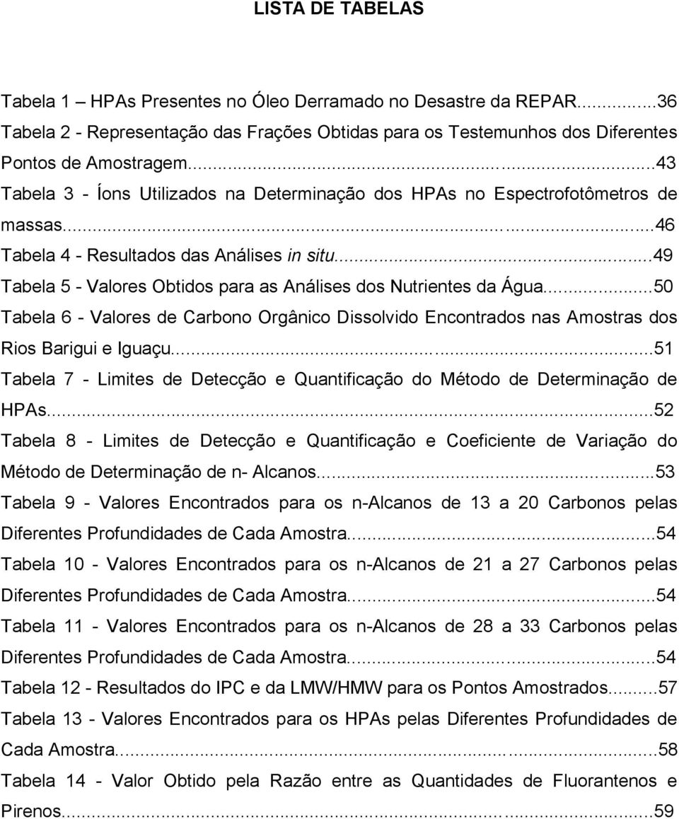 ..49 Tabela 5 - Valores Obtidos para as Análises dos Nutrientes da Água...50 Tabela 6 - Valores de Carbono Orgânico Dissolvido Encontrados nas Amostras dos Rios Barigui e Iguaçu.