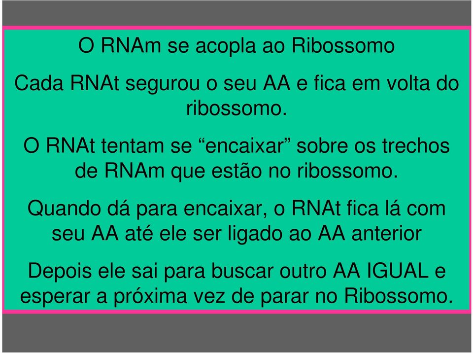 O RNAt tentam se encaixar sobre os trechos de RNAm que estão no  Quando dá para