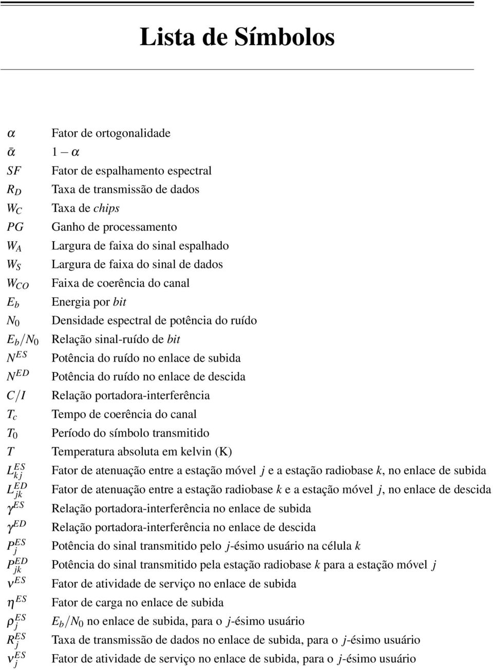 bit Densidade espectral de potência do ruído Relação sinal-ruído de bit Potência do ruído no enlace de subida Potência do ruído no enlace de descida Relação portadora-interferência Tempo de coerência