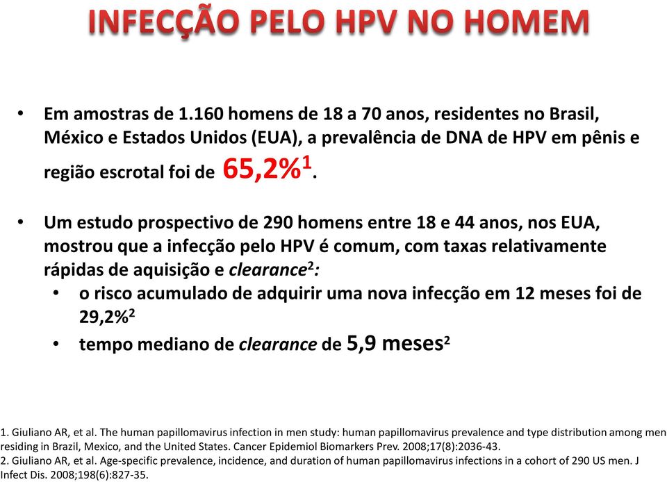 uma nova infecção em 12 meses foi de 29,2% 2 tempo mediano de clearance de 5,9 meses 2 1. Giuliano AR, et al.