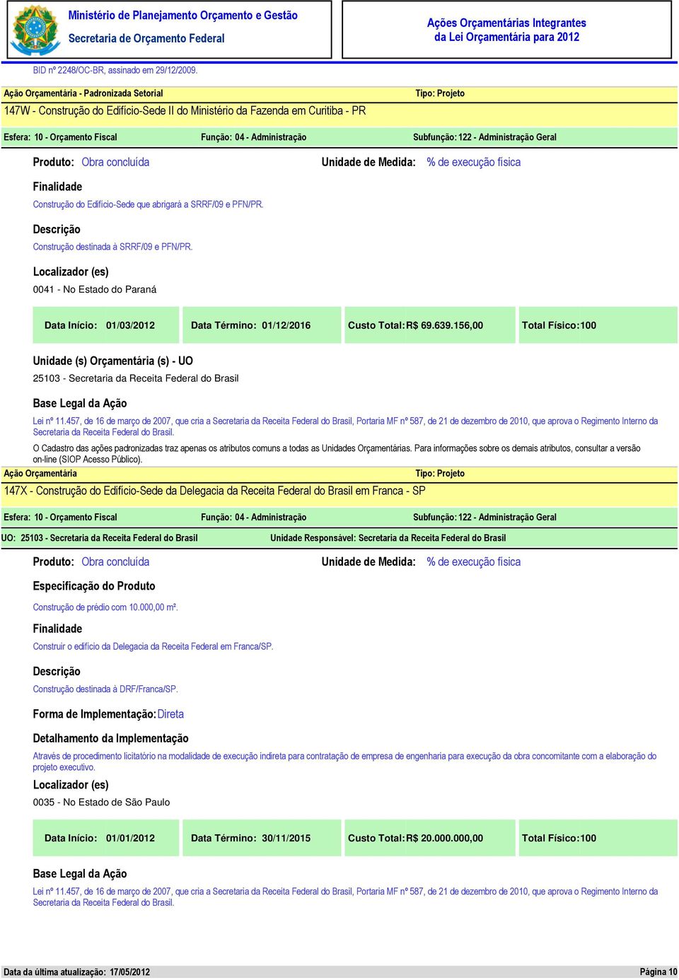 Construção destinada à SRRF/09 e PFN/PR. 0041 - No Estado do Paraná Data Início: 01/03/2012 Data Término: 01/12/2016 Custo Total: R$ 69.639.156,00 Total Físico: 100 Lei nº 11.