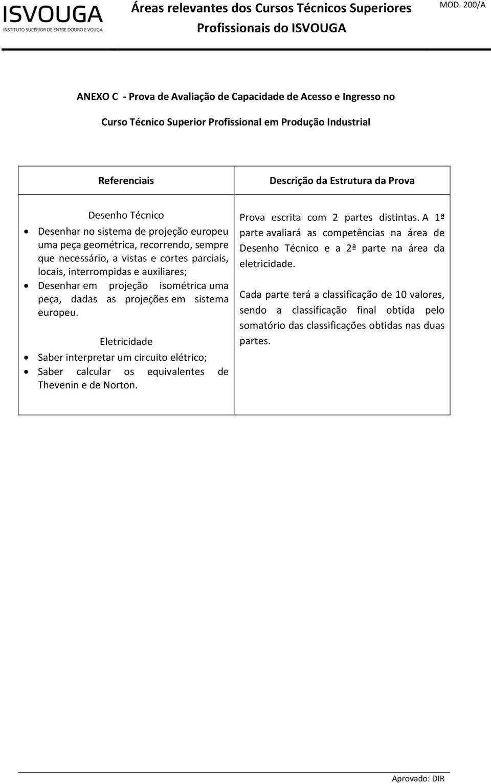 Eletricidade Saber interpretar um circuito elétrico; Saber calcular os equivalentes de Thevenin e de Norton. Prova escrita com 2 partes distintas.