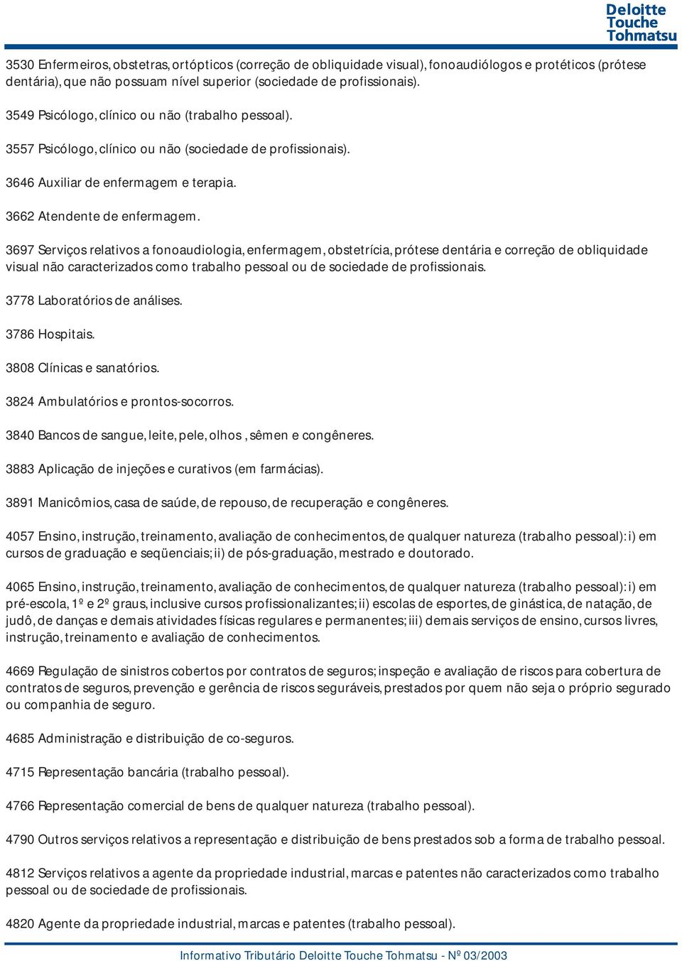 3697 Serviços relativos a fonoaudiologia, enfermagem, obstetrícia, prótese dentária e correção de obliquidade visual não caracterizados como trabalho pessoal ou de sociedade de profissionais.