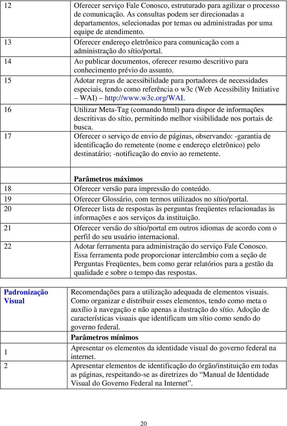 13 Oferecer endereço eletrônico para comunicação com a administração do sítio/portal. 14 Ao publicar documentos, oferecer resumo descritivo para conhecimento prévio do assunto.