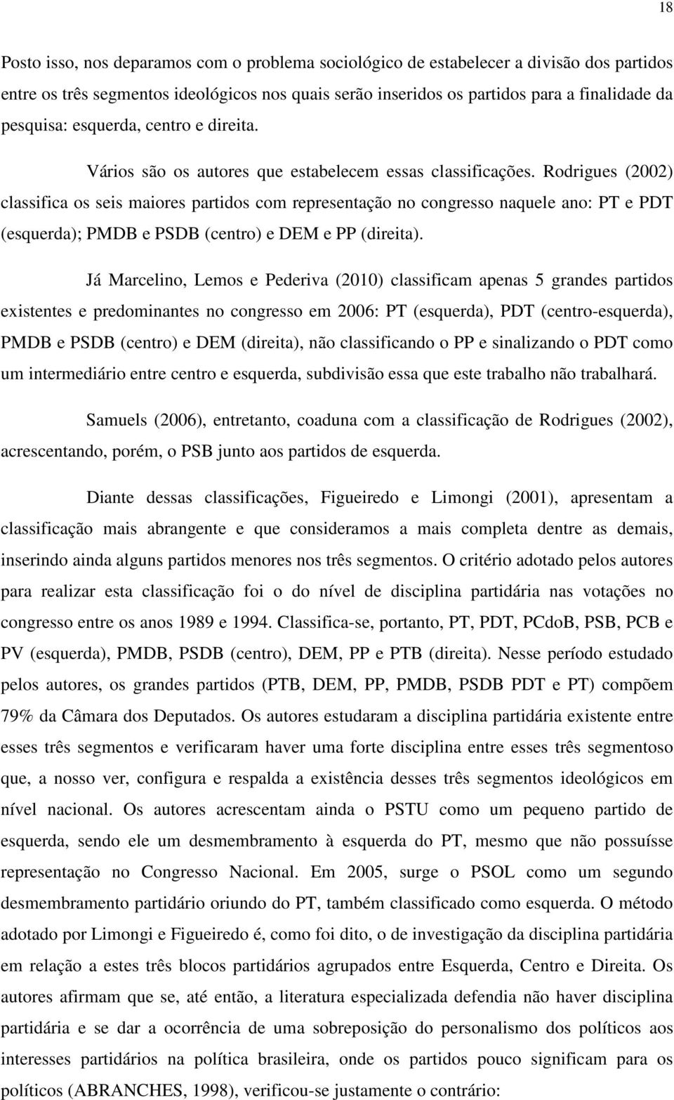 Rodrigues (2002) classifica os seis maiores partidos com representação no congresso naquele ano: PT e PDT (esquerda); PMDB e PSDB (centro) e DEM e PP (direita).