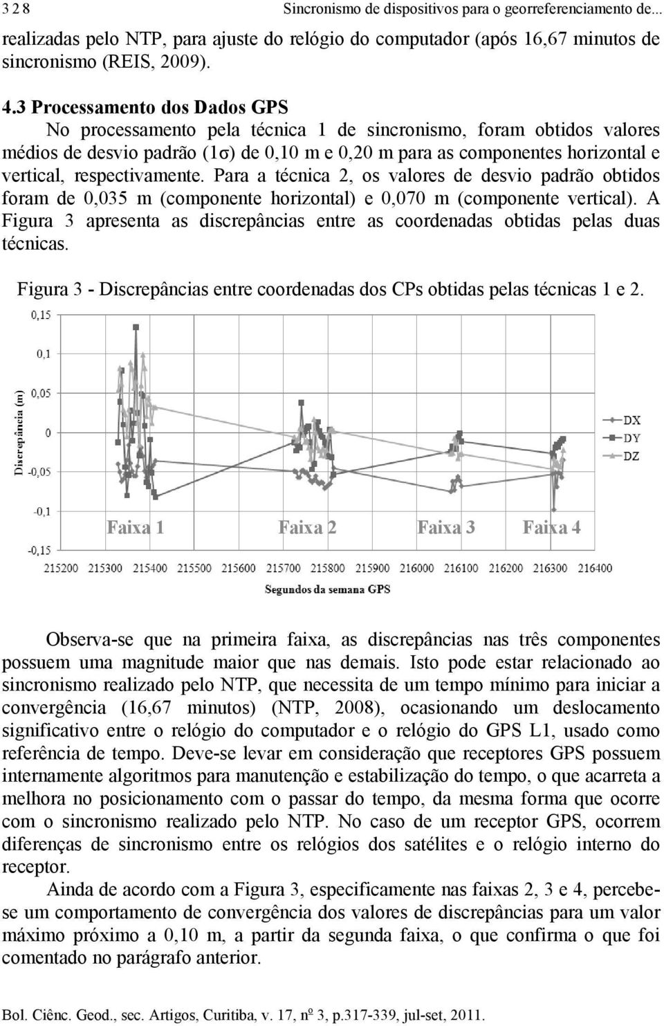 respectivamente. Para a técnica 2, os valores de desvio padrão obtidos foram de 0,035 m (componente horizontal) e 0,070 m (componente vertical).