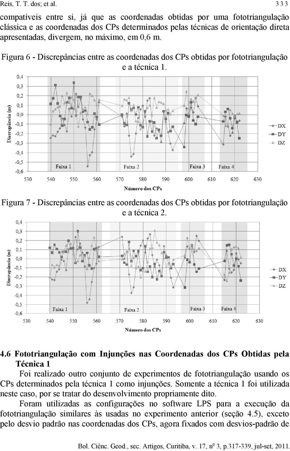 0,6 m. Figura 6 - Discrepâncias entre as coordenadas dos CPs obtidas por fototriangulação e a técnica 1.