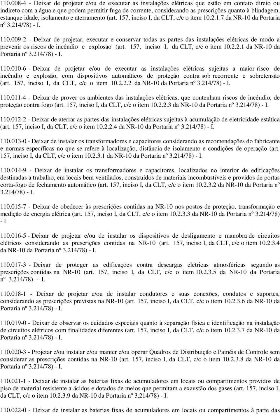 009-2 - Deixar de projetar, executar e conservar todas as partes das instalações elétricas de modo a prevenir os riscos de incêndio e explosão (art. 157, inciso I, da CLT, c/c o item 10.2.2.1 da NR-10 da 110.