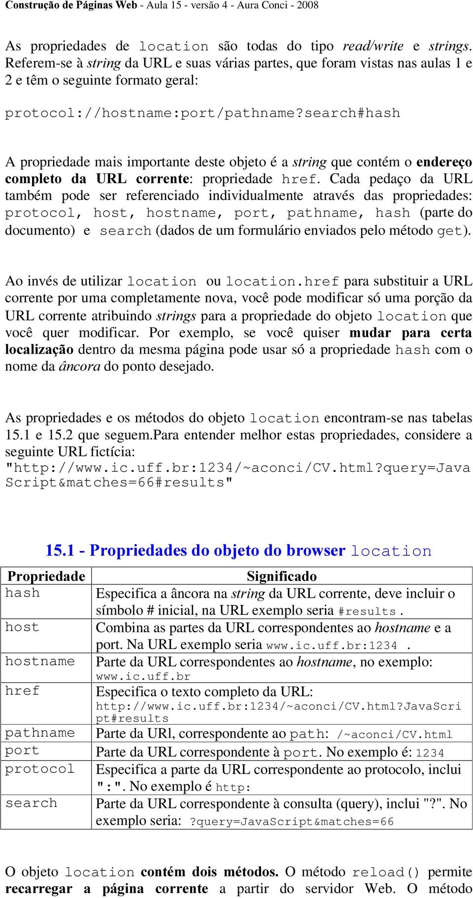 search#hash A propriedade mais importante deste objeto é a VWULQJ que contém o HQGHUHoR FRPSOHWR GD 85/ FRUUHQWH: propriedade href.